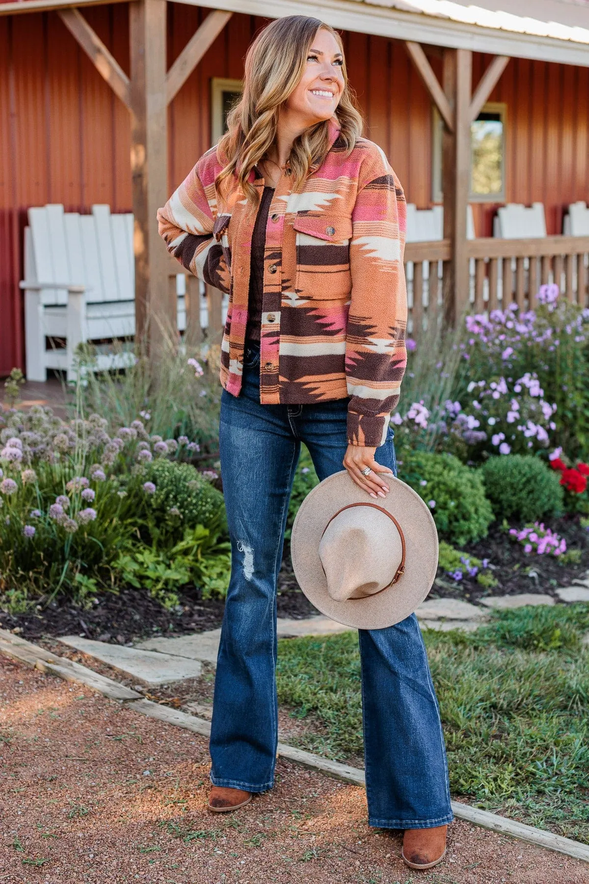 All Or Nothing Aztec Fleece Jacket- Brown & Pink