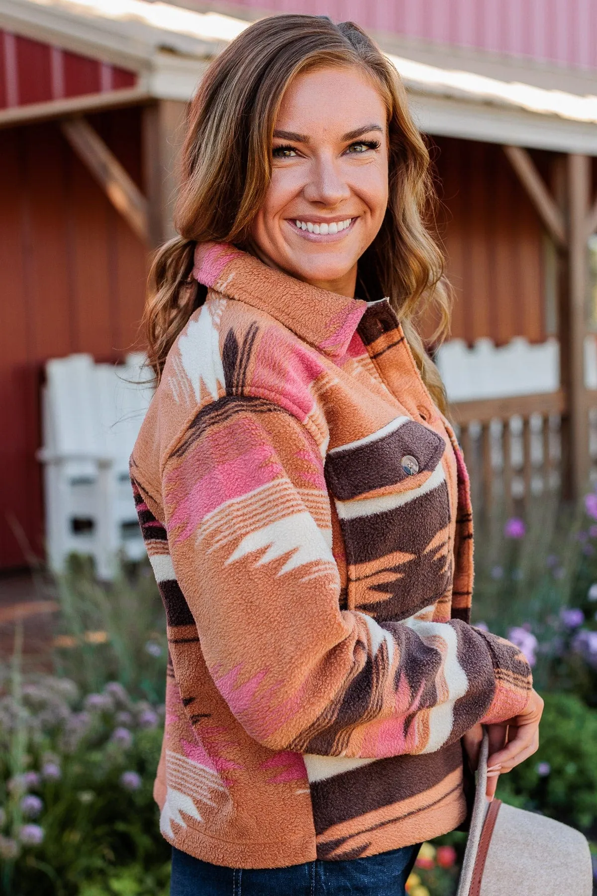 All Or Nothing Aztec Fleece Jacket- Brown & Pink