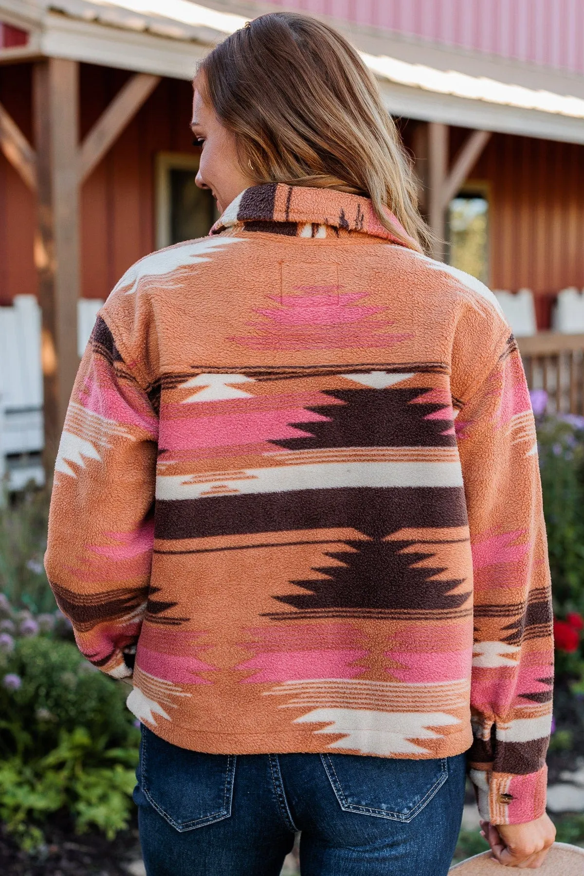 All Or Nothing Aztec Fleece Jacket- Brown & Pink