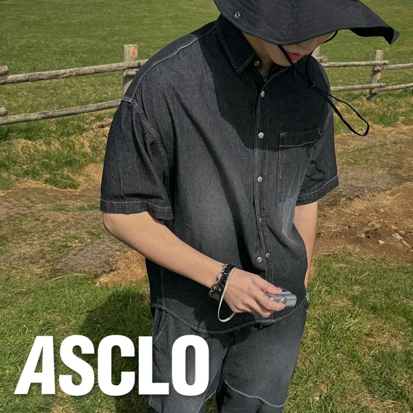 ASCLO  |Casual Style Unisex Denim Street Style Cotton Short Sleeves