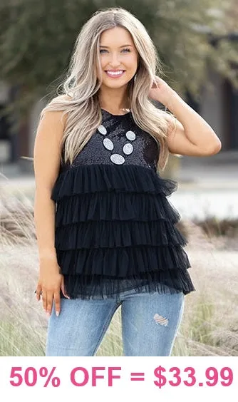 Black Sequin & Layered Tulle sleeveless top