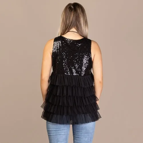 Black Sequin & Layered Tulle sleeveless top