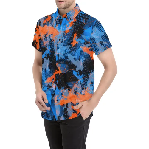 Blue and Orange Paint Splatter Short Sleeve Button Up Shirt