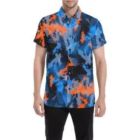 Blue and Orange Paint Splatter Short Sleeve Button Up Shirt