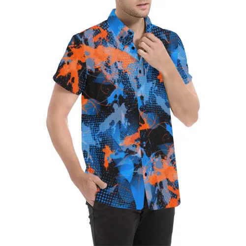 Blue and Orange Paint Splatter Short Sleeve Button Up Shirt