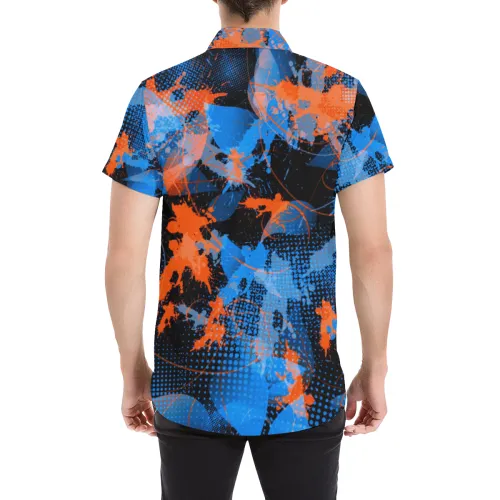 Blue and Orange Paint Splatter Short Sleeve Button Up Shirt