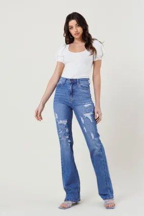 Blue High Rise Distressed Straight Leg Jeans