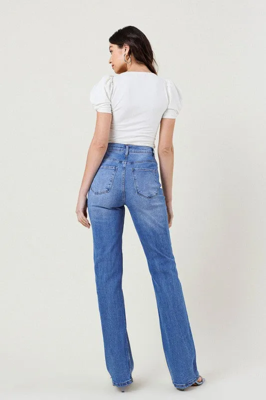 Blue High Rise Distressed Straight Leg Jeans