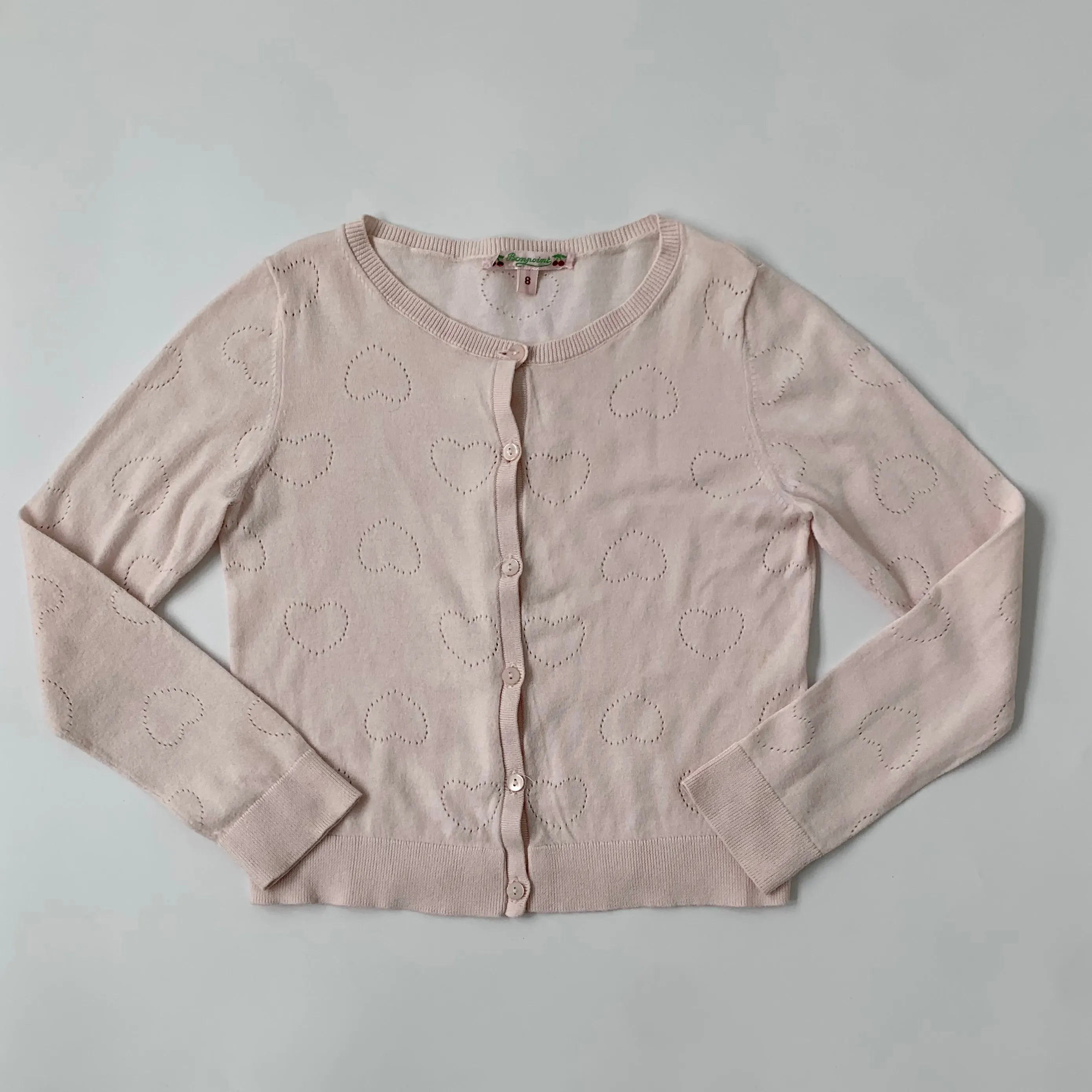 Bonpoint Pale Pink Heart Embossed Cotton Cardigan: 8 Years