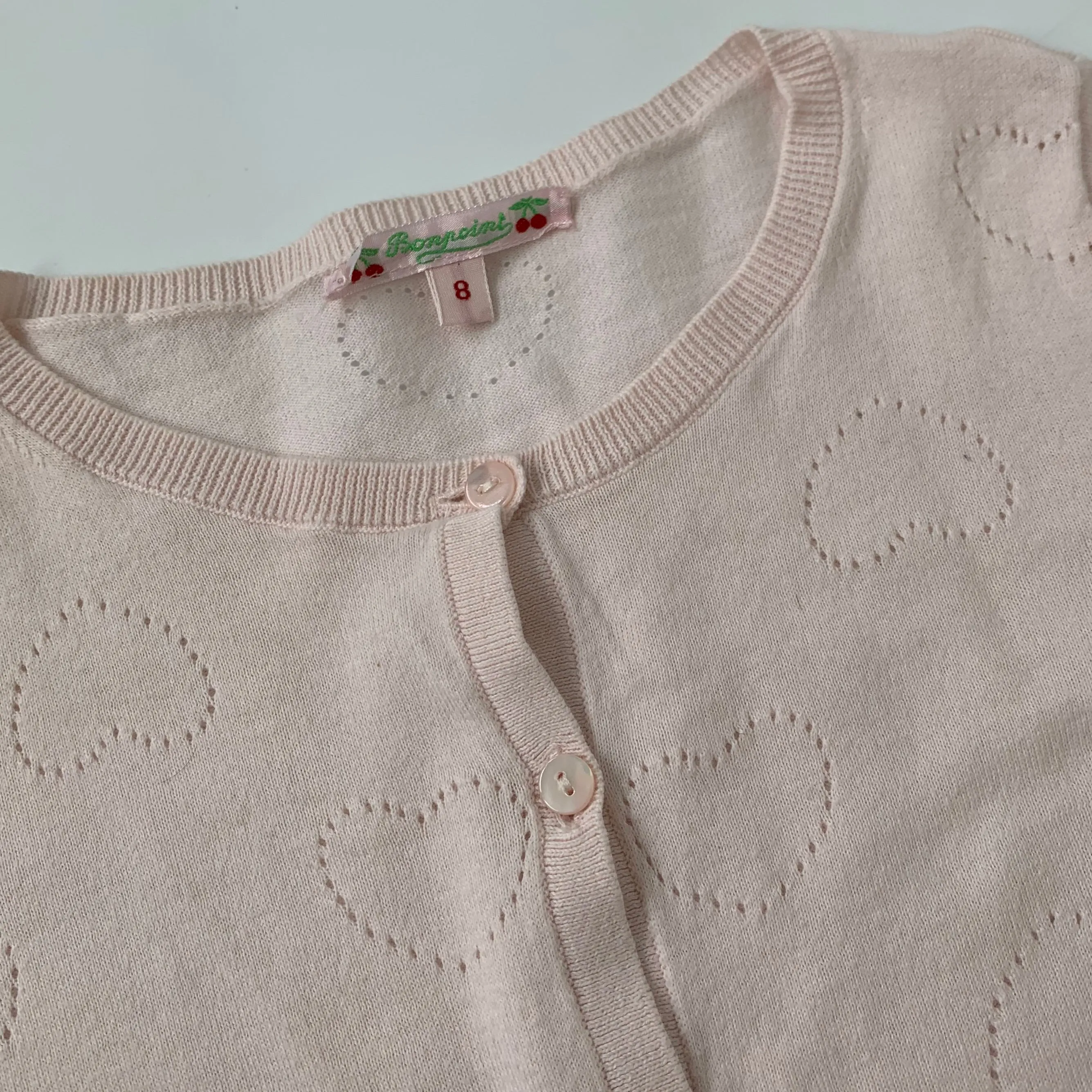 Bonpoint Pale Pink Heart Embossed Cotton Cardigan: 8 Years