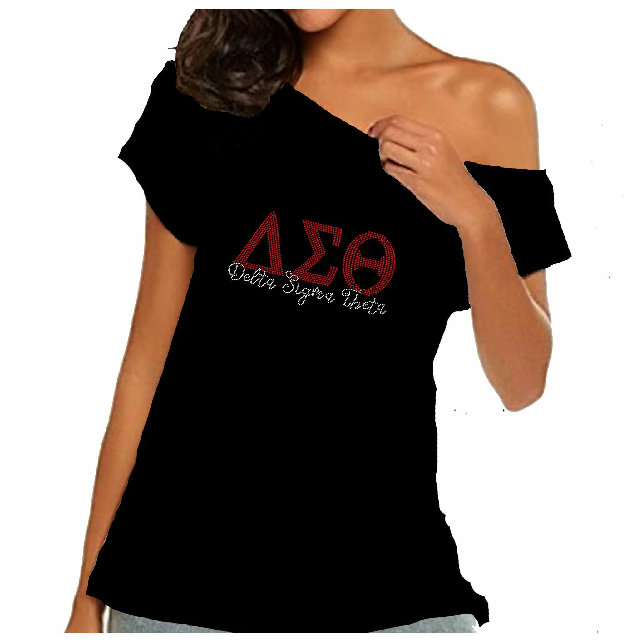 Delta Sigma Theta Rhinestone Greek Letters Off Shoulder Tee