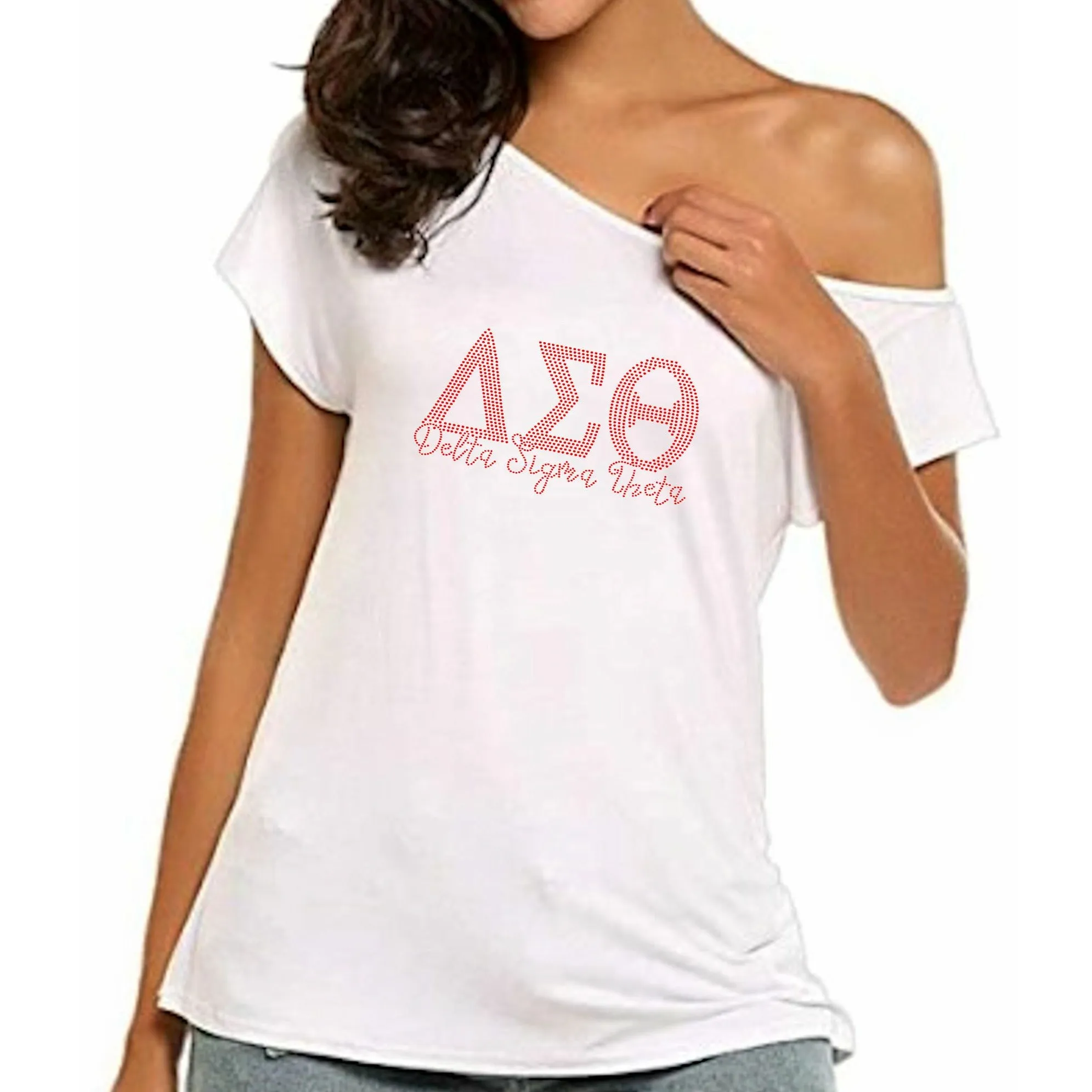 Delta Sigma Theta Rhinestone Greek Letters Off Shoulder Tee