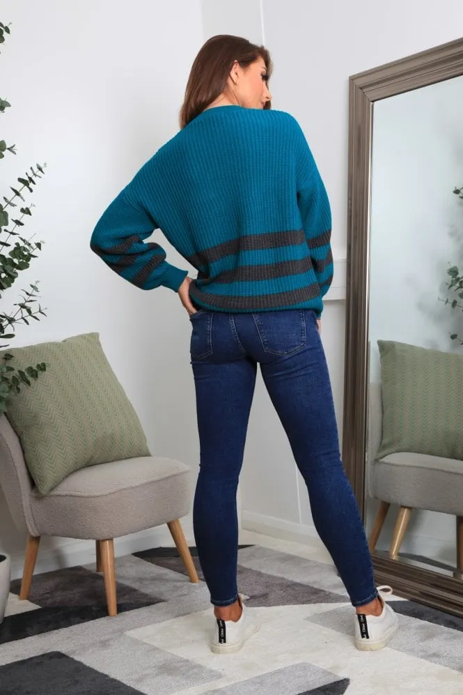 Double Second Teal And Grey Striped Oversized Knit Jumper