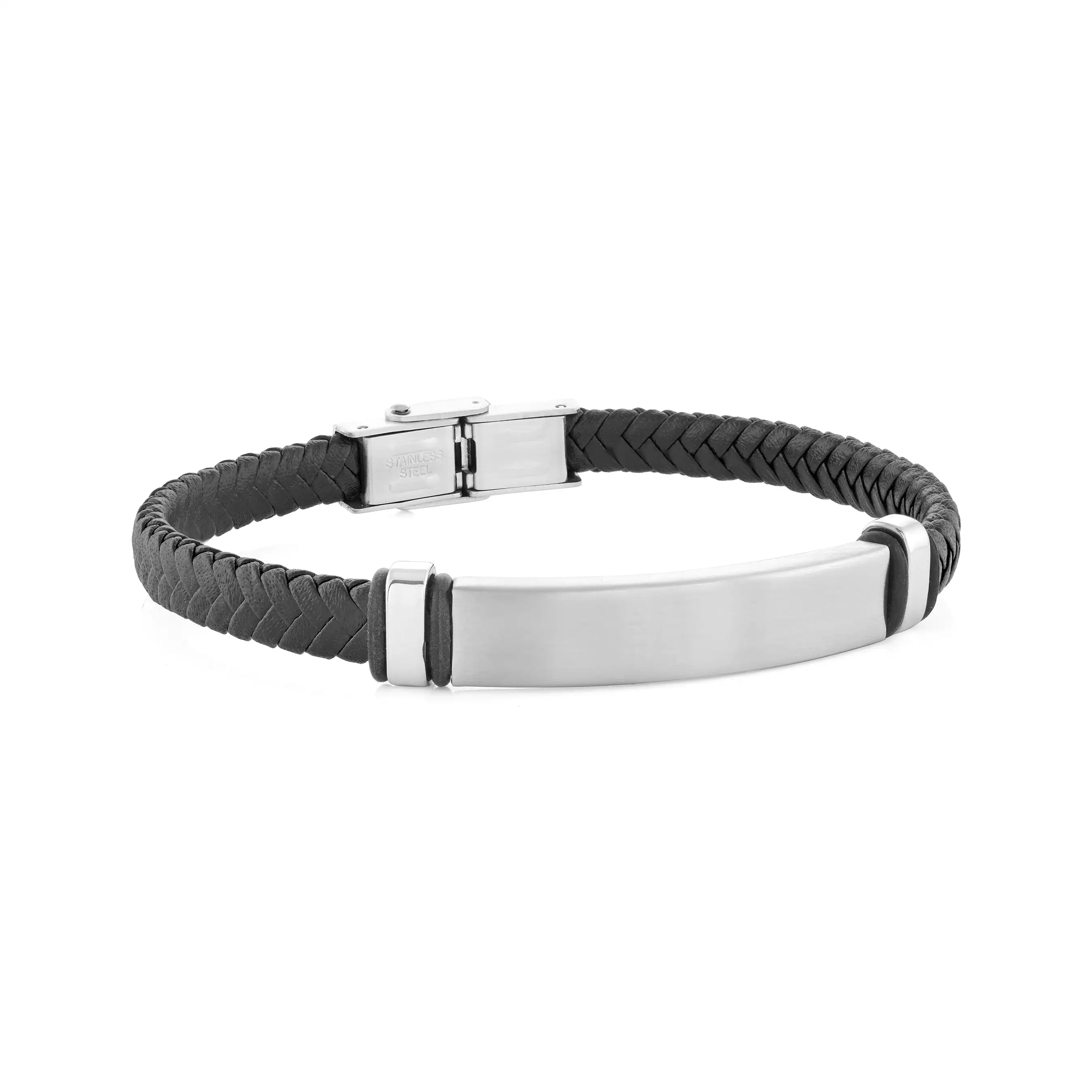 Engravable - Stainless Steel Genuine Leather ID Bracelet