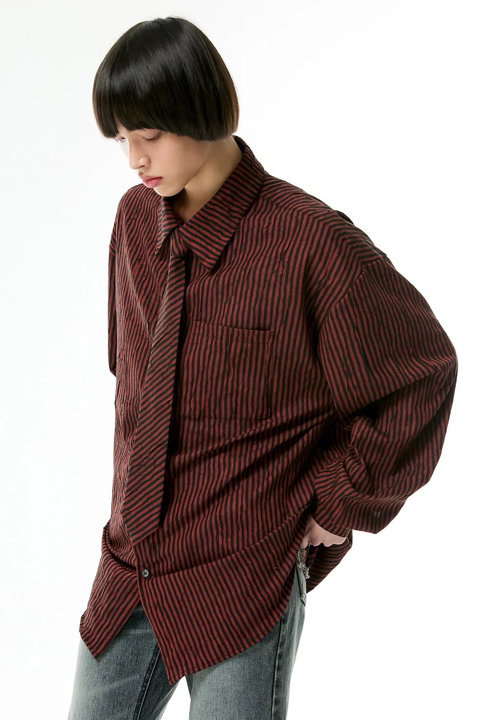 ESC STUDIO  |●ESC STUDIO● oversize stripe neck tie shirt (2color) unisex