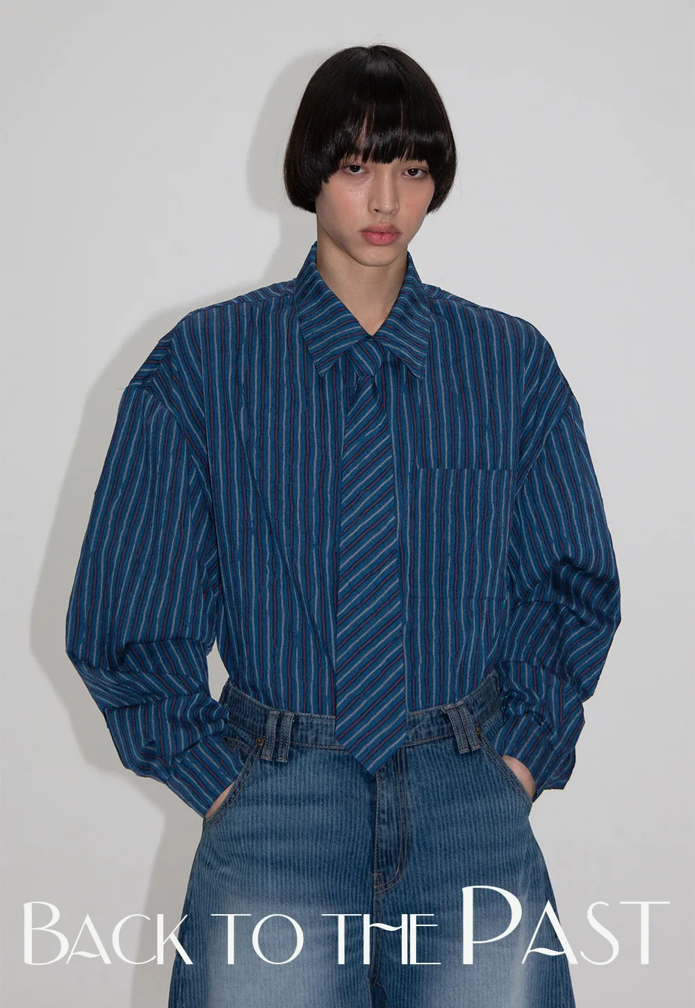 ESC STUDIO  |●ESC STUDIO● oversize stripe neck tie shirt (2color) unisex