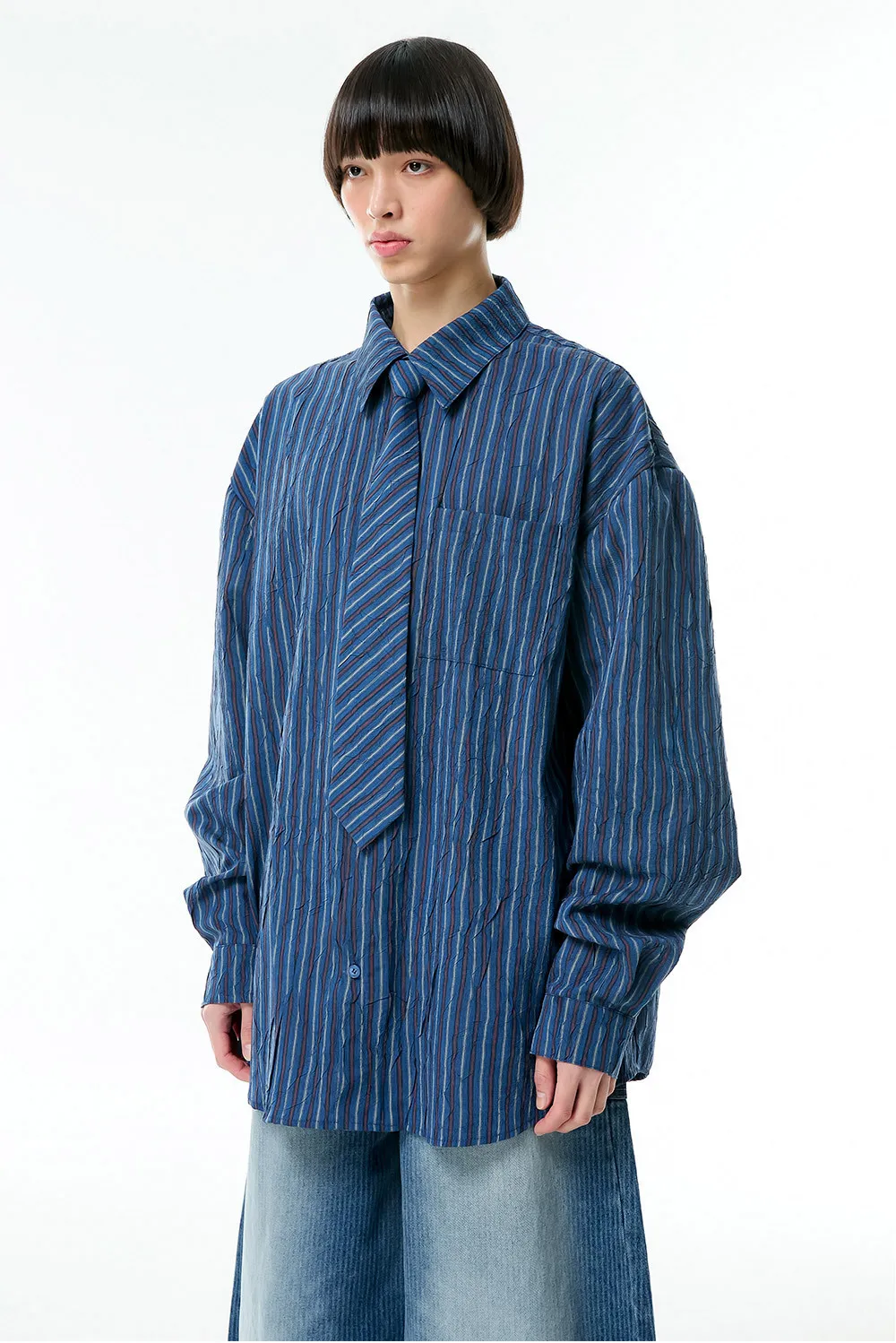 ESC STUDIO  |●ESC STUDIO● oversize stripe neck tie shirt (2color) unisex