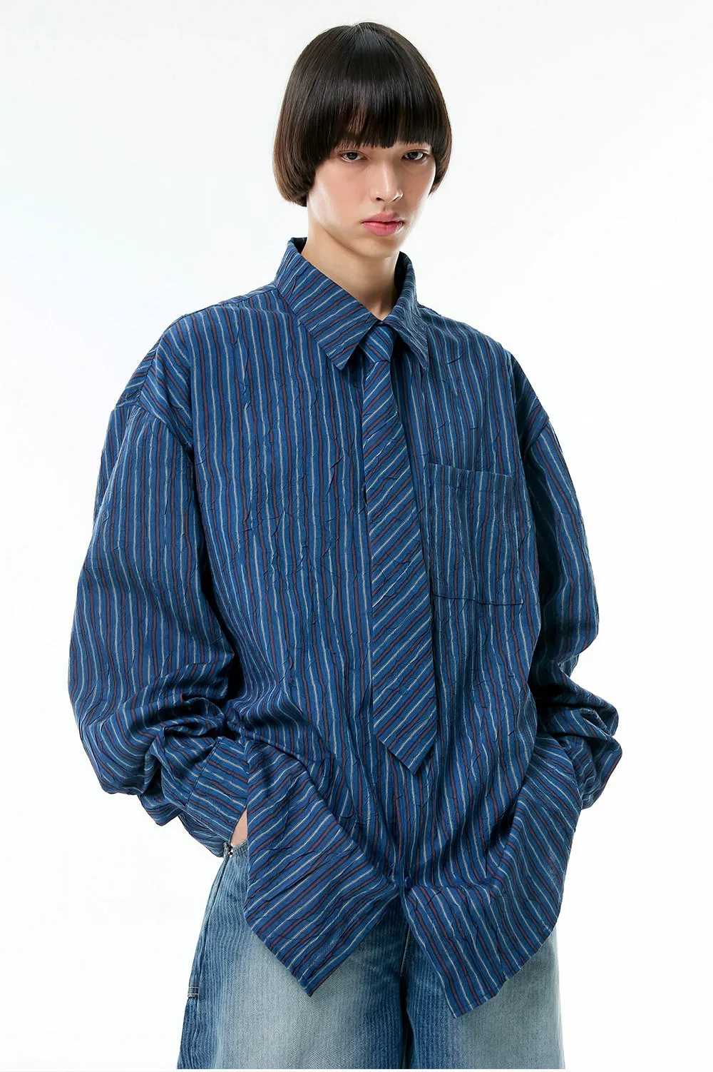 ESC STUDIO  |●ESC STUDIO● oversize stripe neck tie shirt (2color) unisex