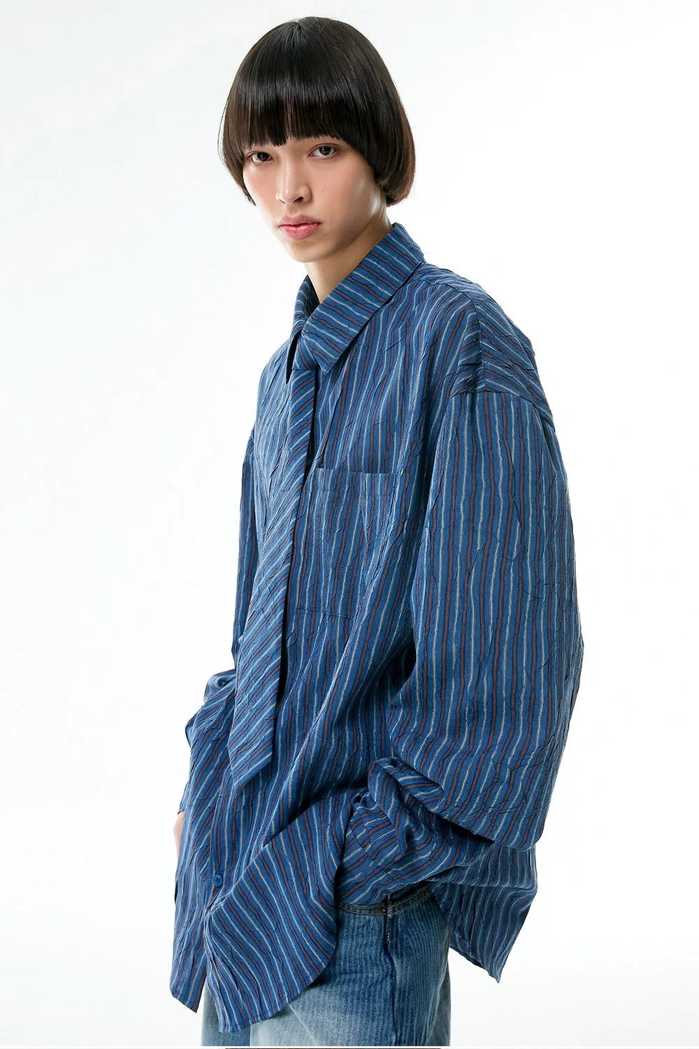 ESC STUDIO  |●ESC STUDIO● oversize stripe neck tie shirt (2color) unisex