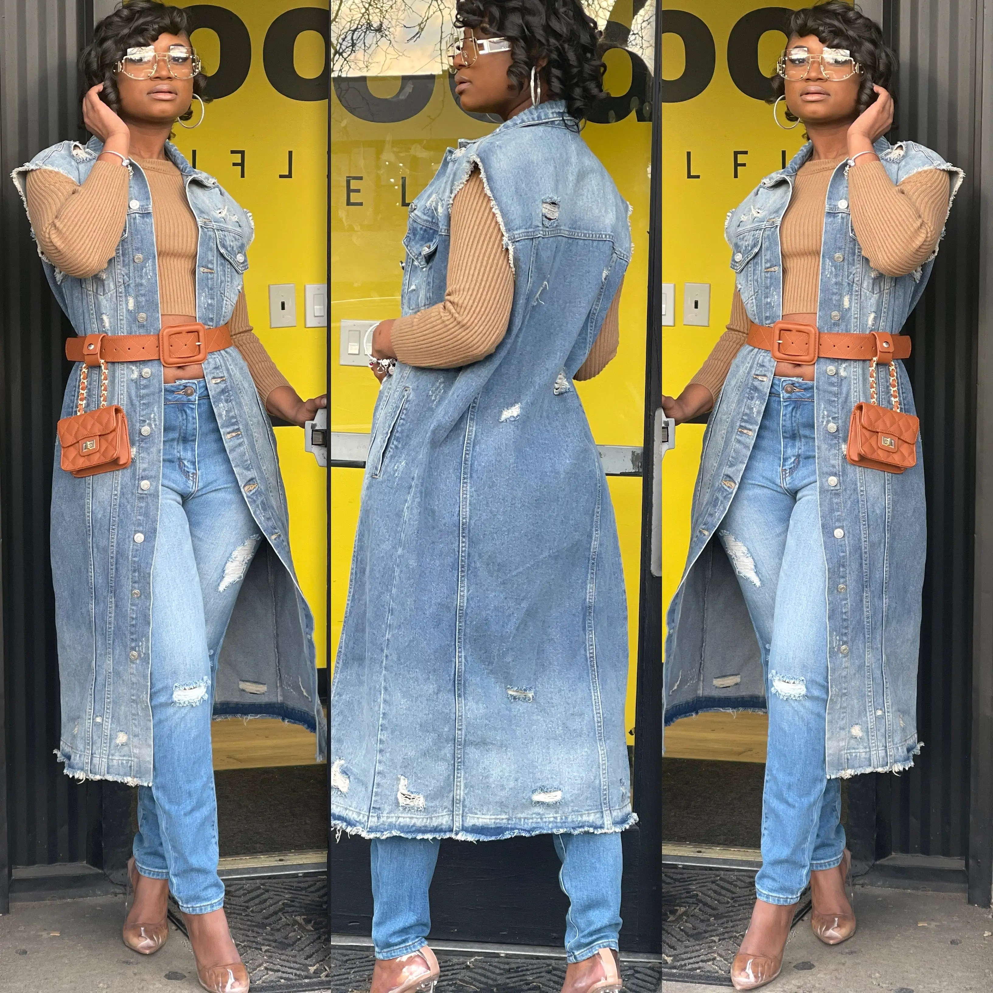 Fav Denim Long Stress Vest Jacket