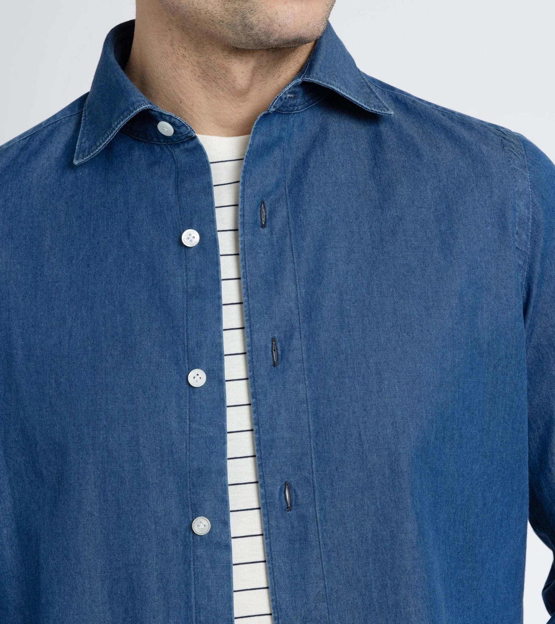 Finamore Gaeta Washed Denim Luigi Sport Shirt: Light Blue