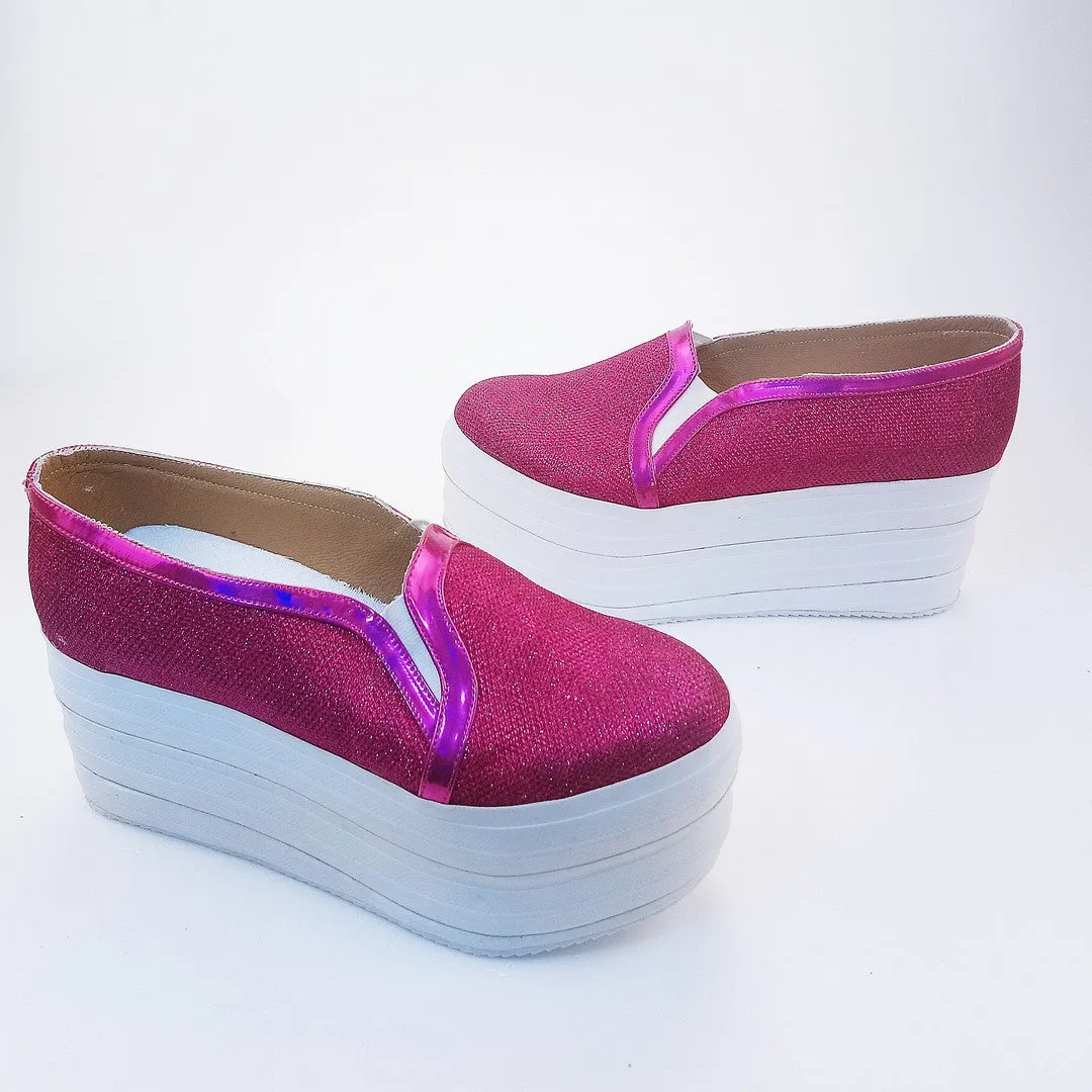 Fushia Pink Shinny Sneakers Wedge Platform Shoes