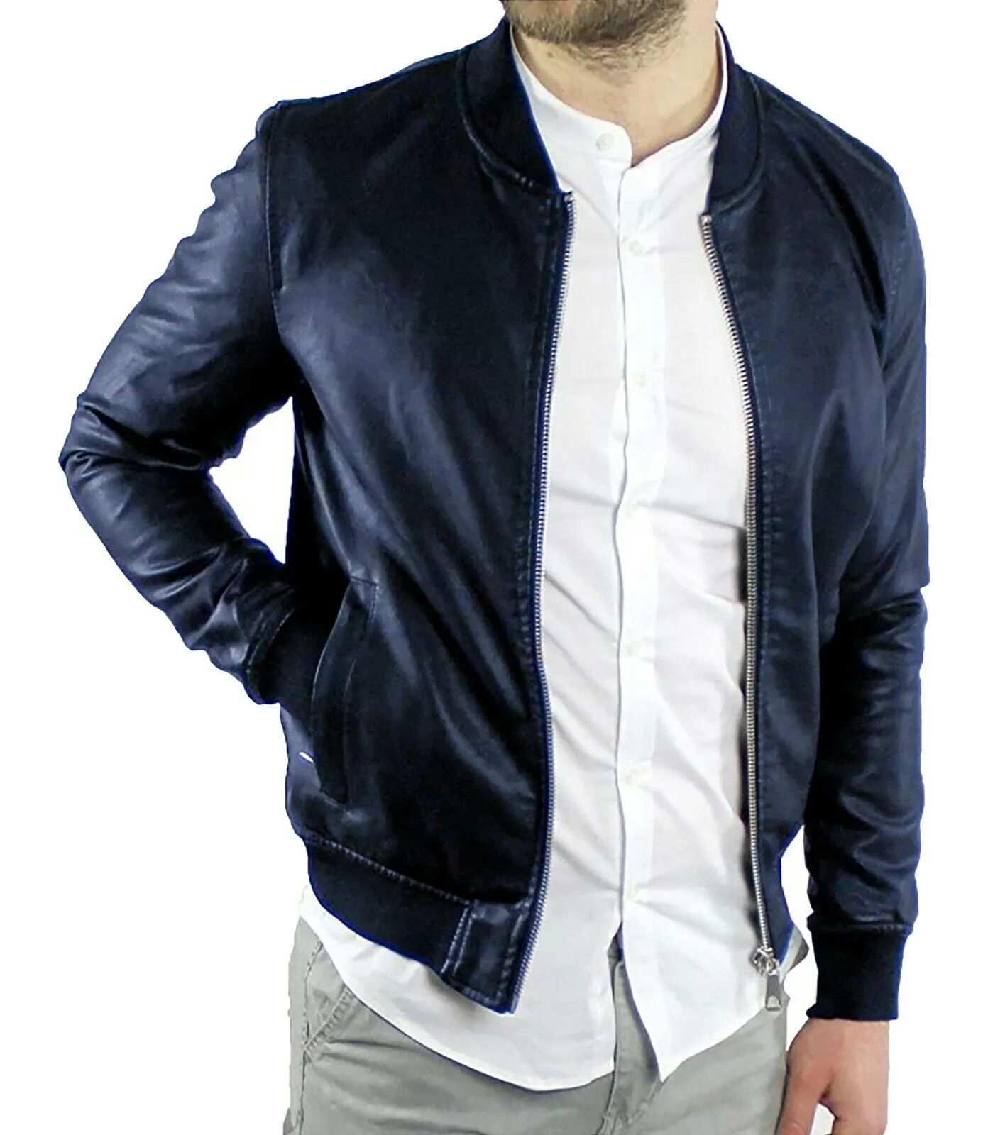 Giacca giubbotto uomo in ecopelle College blu scuro casual giubbino bomber