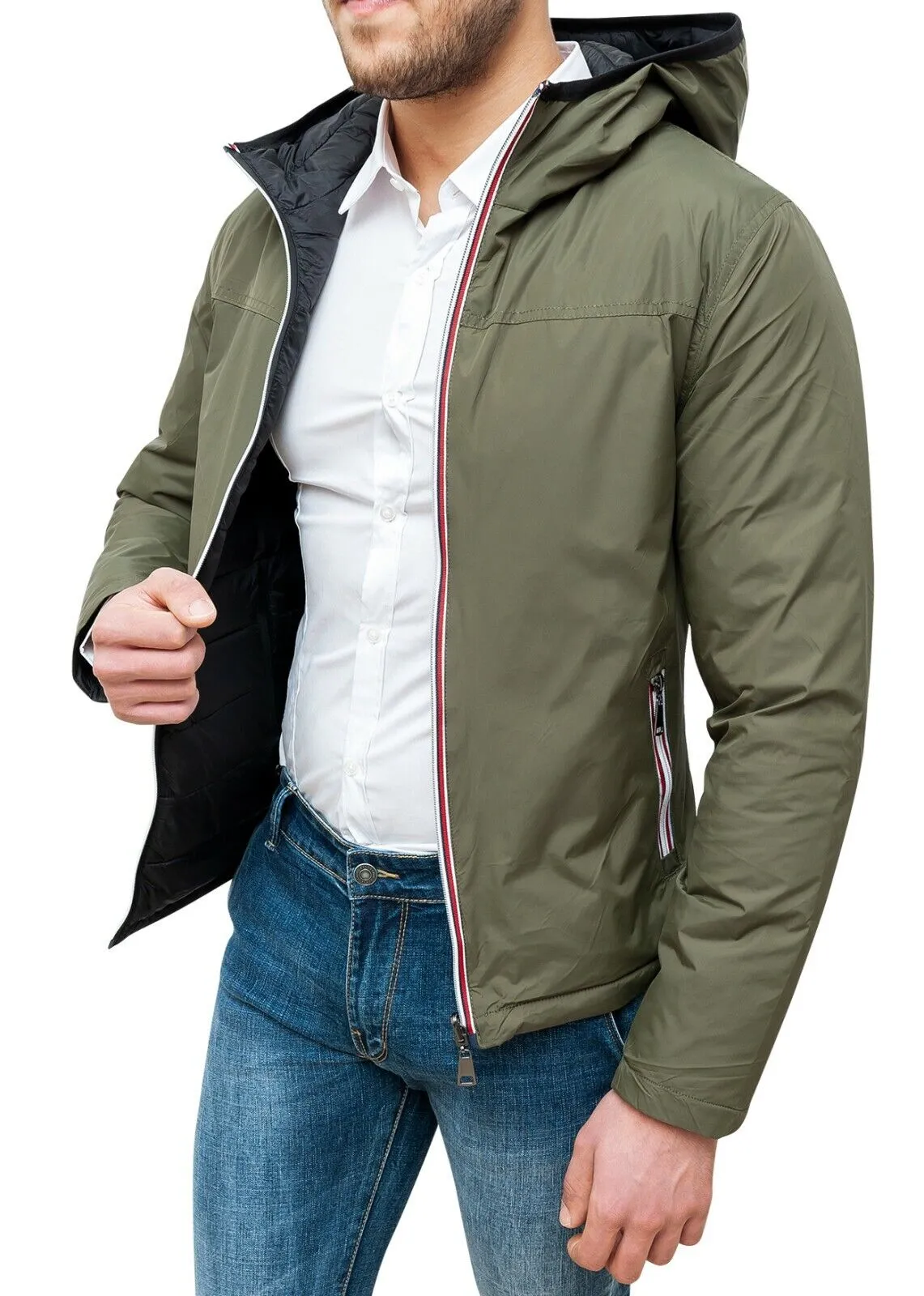 Giubbotto piumino uomo verde slim fit casual bomber impermeabile con cappuccio