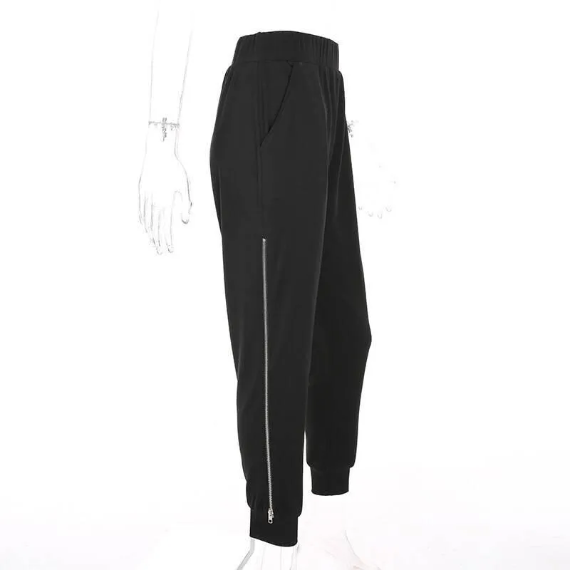 Harem Pants Black Casual High Waist Side Zipper Open Loose Trousers