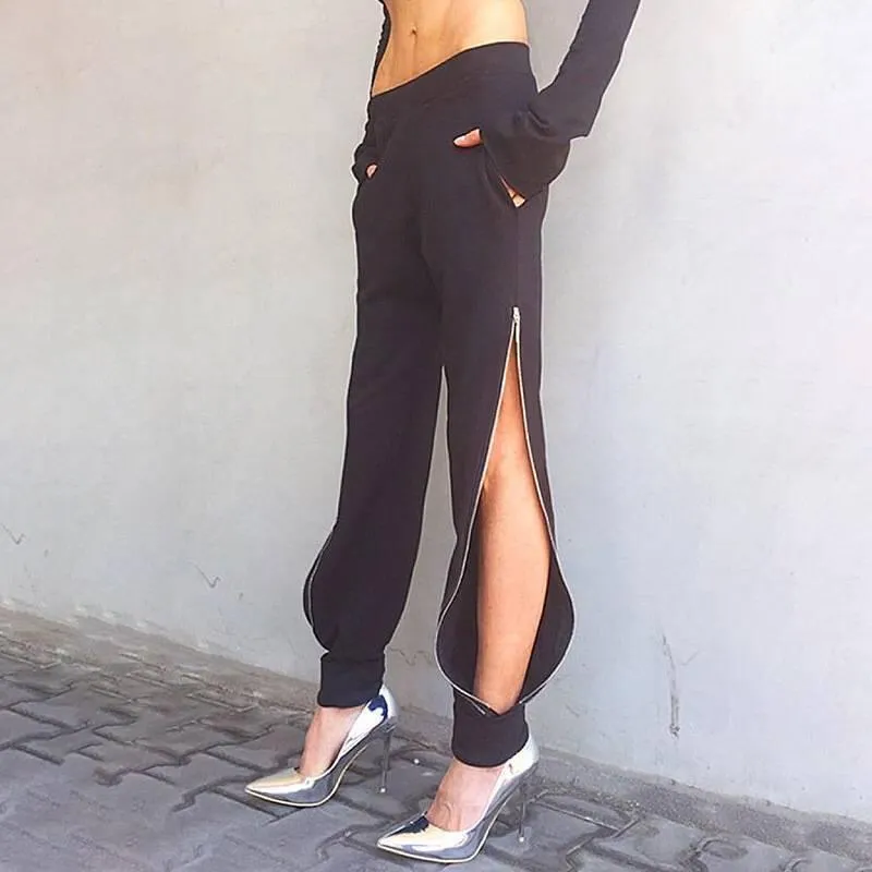 Harem Pants Black Casual High Waist Side Zipper Open Loose Trousers