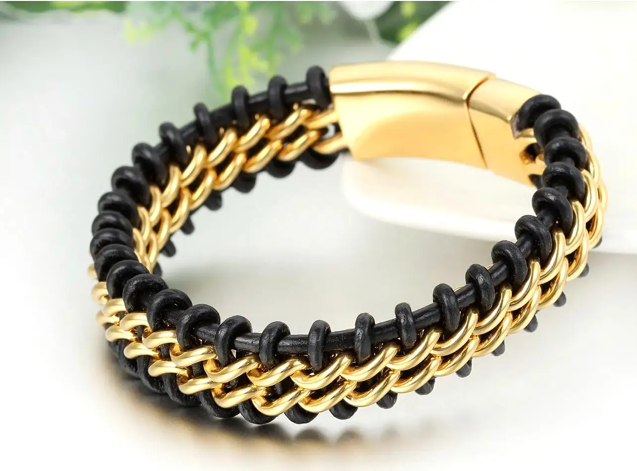 JewelryWe Men's Large Black Braided Genuine Leather Bracelet