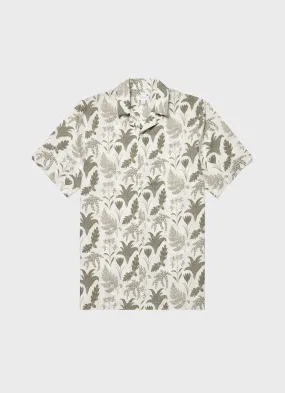 Men's Leaf Print Camp Collar Shirt in Ecru