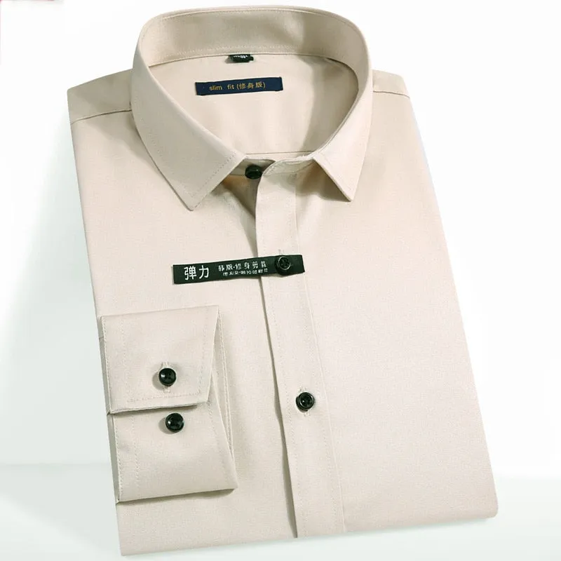 Men's Light Beige Bamboo Fiber Slim Fit Non-Iron Long Sleeve Shirt