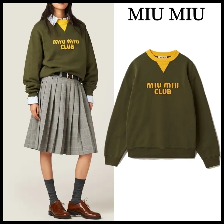 MiuMiu  |Crew Neck Long Sleeves Plain Cotton Logo