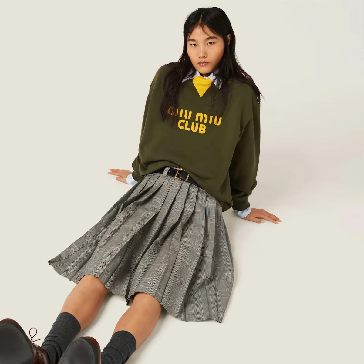 MiuMiu  |Crew Neck Long Sleeves Plain Cotton Logo