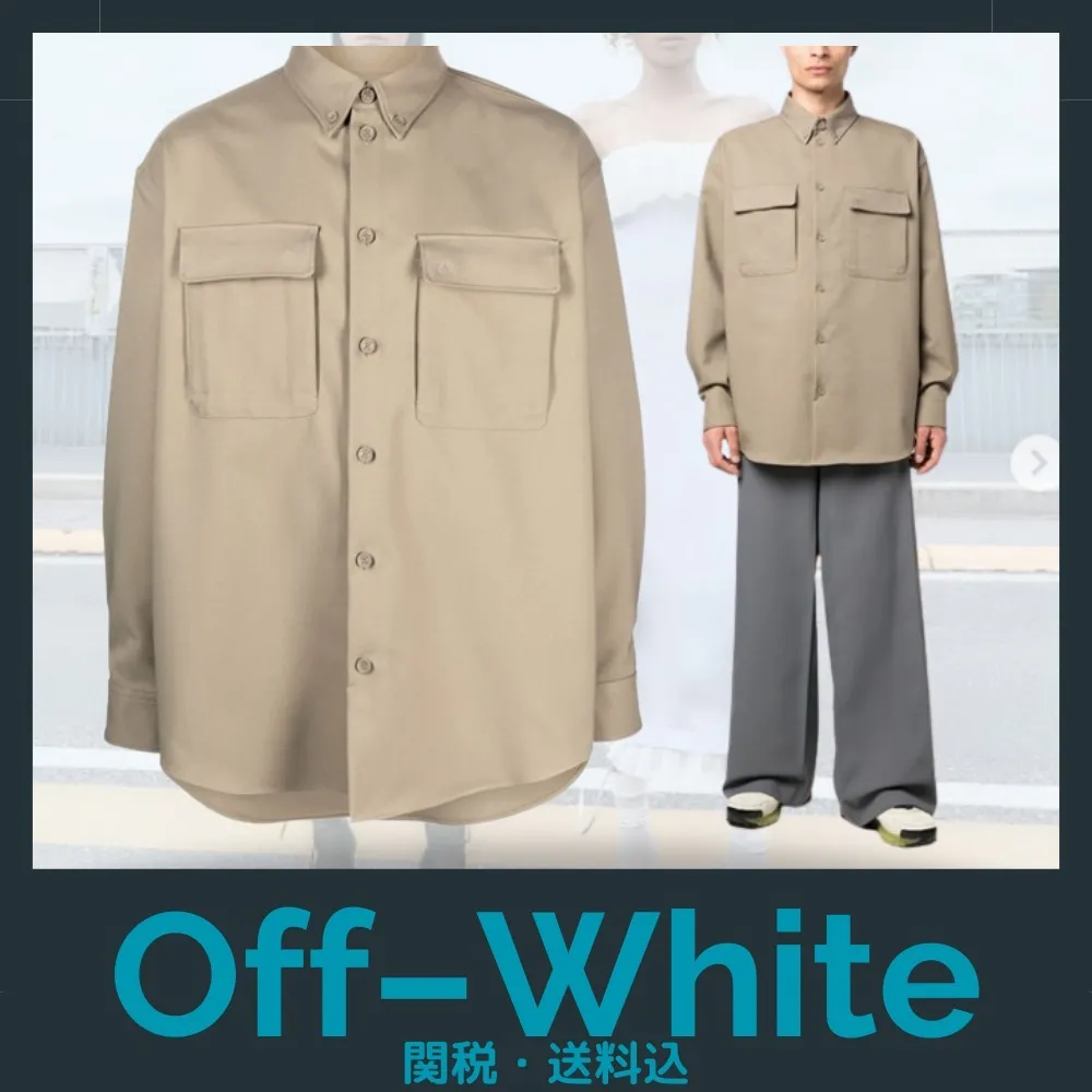 Off-White  |Street Style Long Sleeves Plain Cotton Oversized Logo Shirts