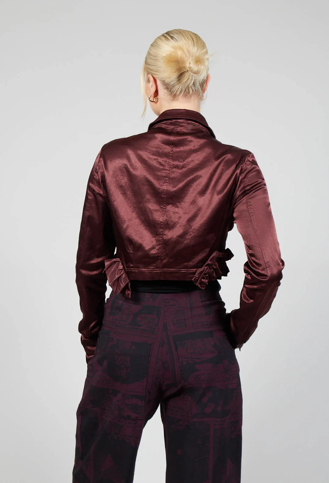 Satin Cropped Jacket with Ruffle Detail in Wood