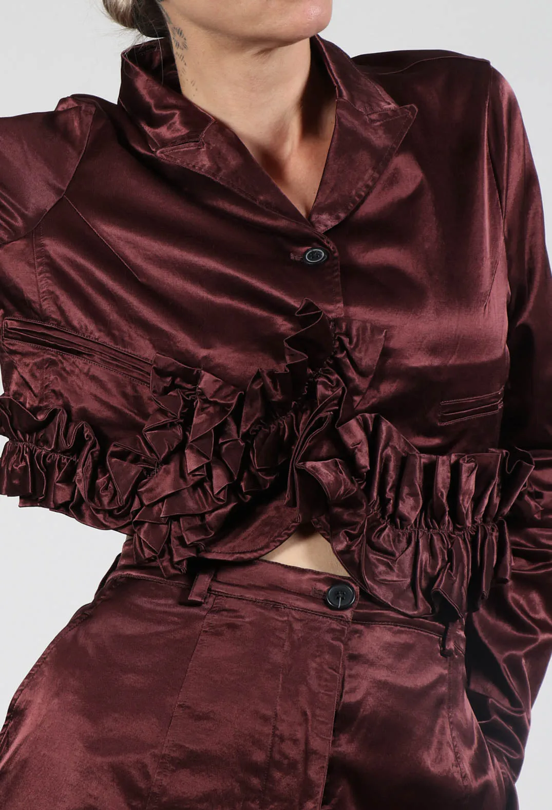 Satin Cropped Jacket with Ruffle Detail in Wood