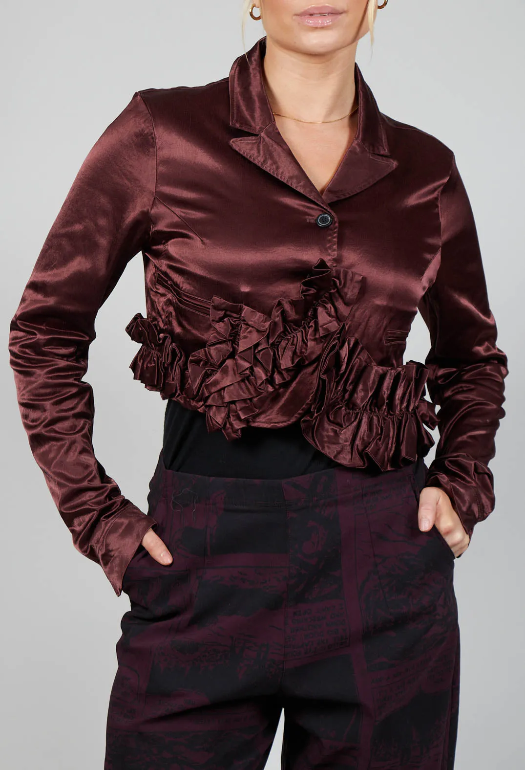 Satin Cropped Jacket with Ruffle Detail in Wood