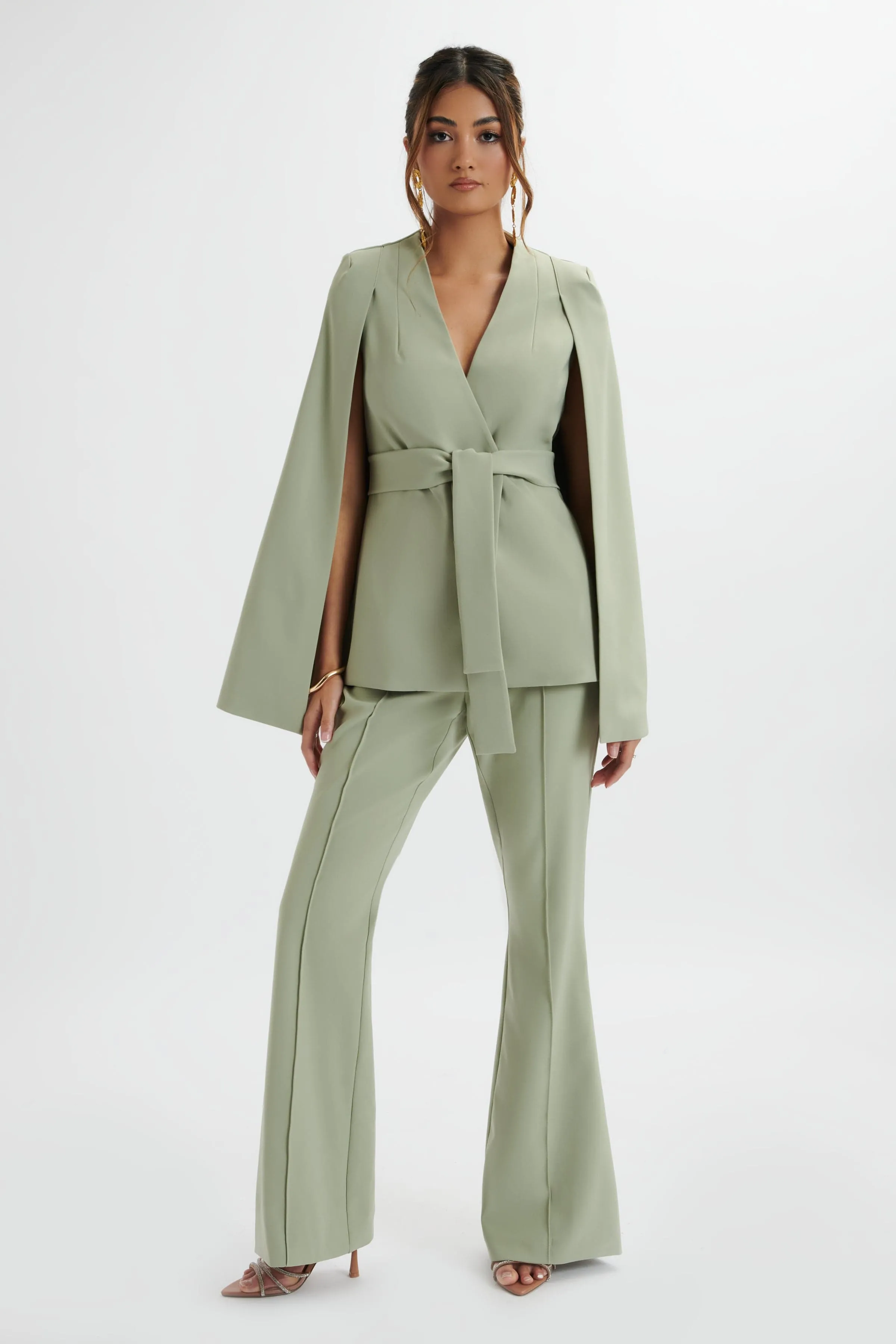 SKYE Belted Cape Blazer Jacket In Sage Green