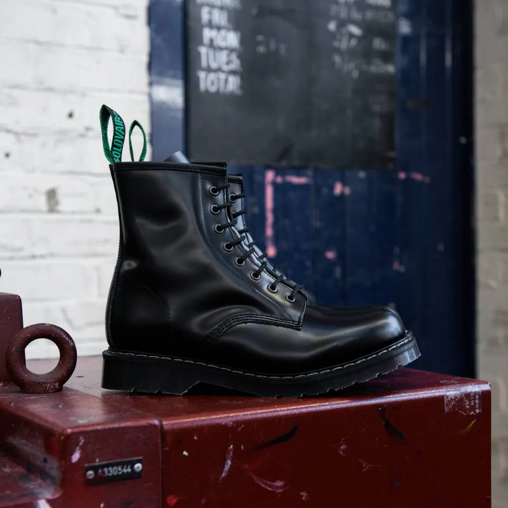 Solovair Classic Black Hi-Shine 8 Eye Leather Derby Boot