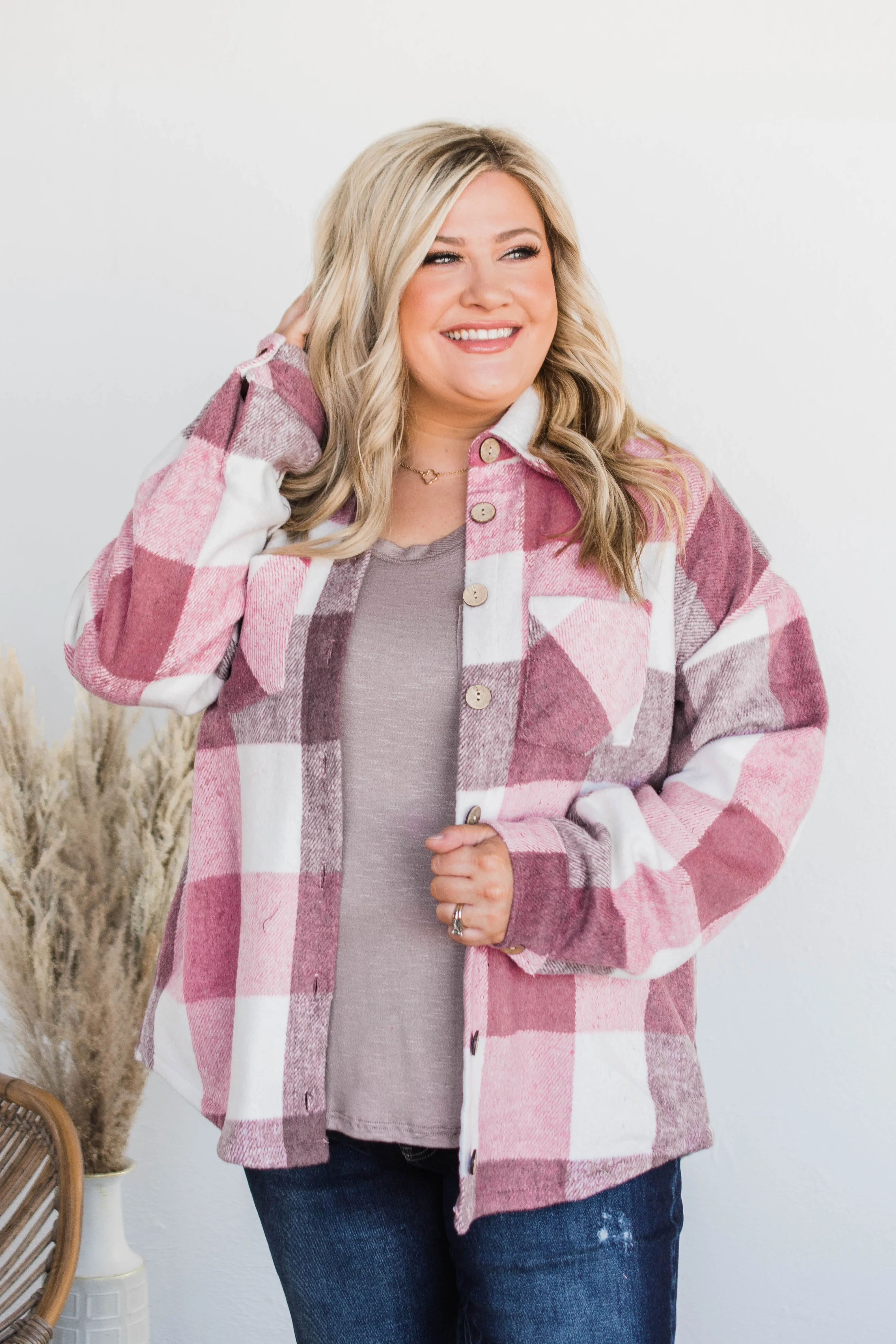 Sway To The Music Plaid Jacket- Mauve & Ivory