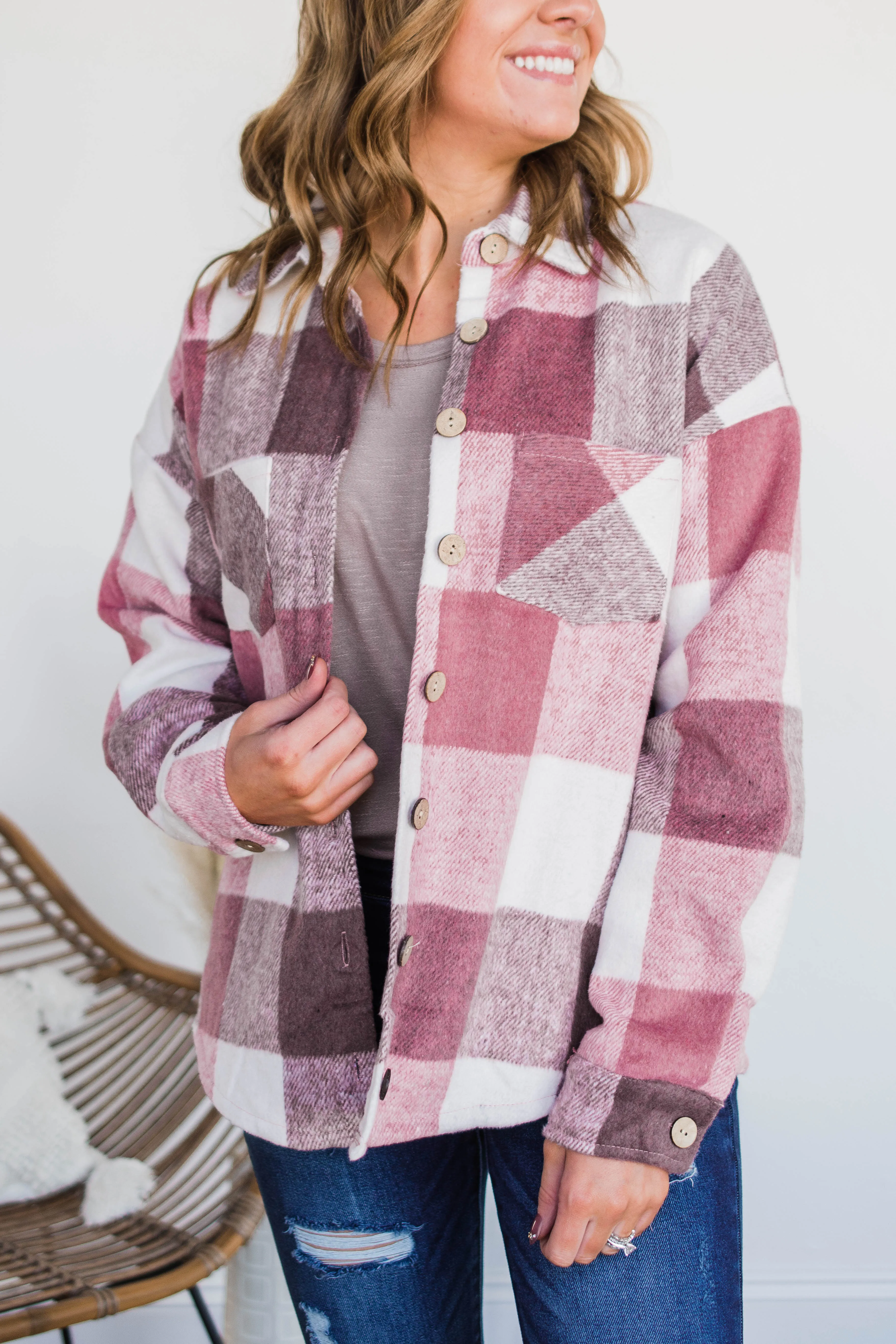 Sway To The Music Plaid Jacket- Mauve & Ivory