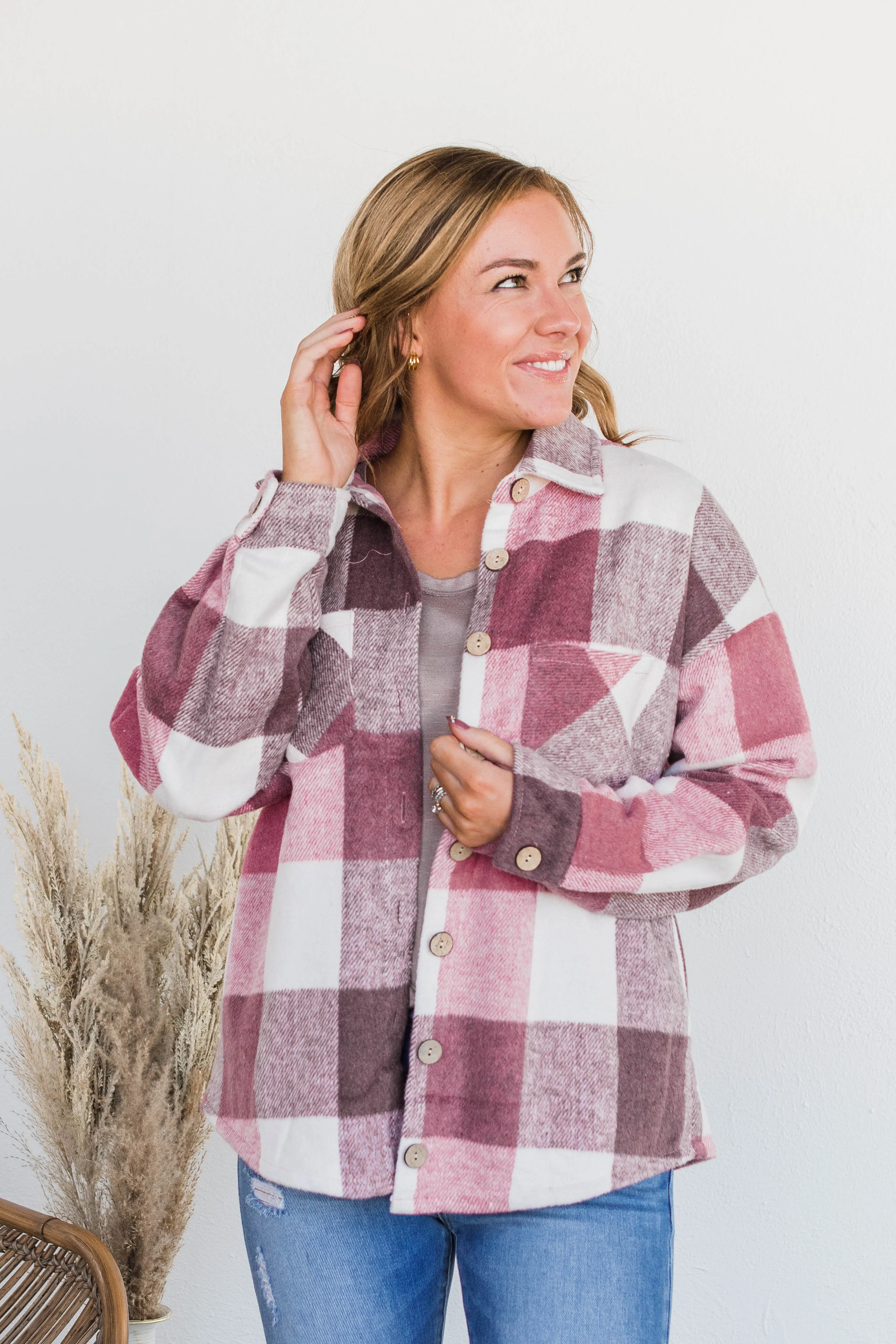 Sway To The Music Plaid Jacket- Mauve & Ivory