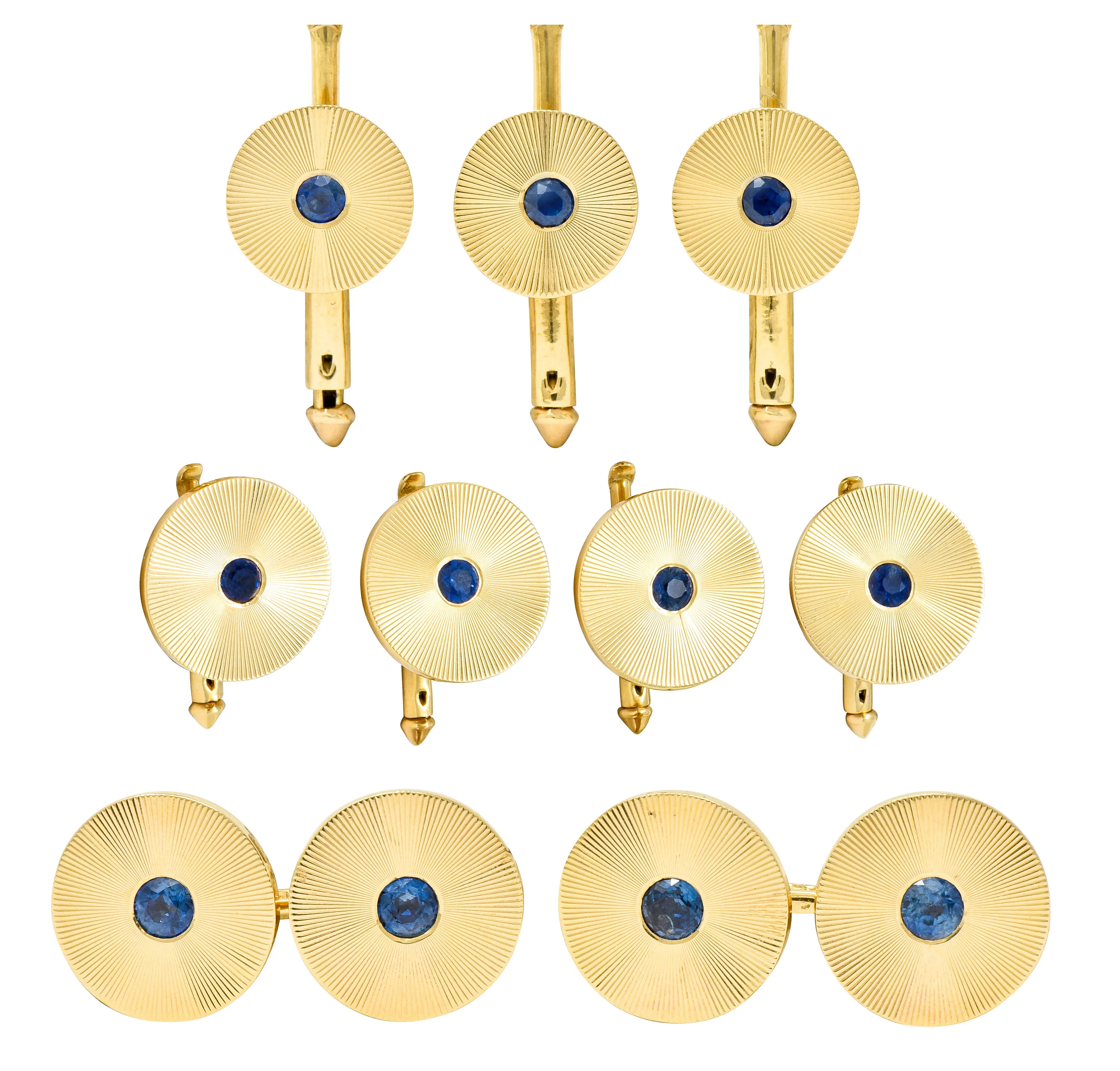 Tiffany & Co. Sapphire 14 Karat Gold Retro Men's Radiating Disk Cufflink Dress Set