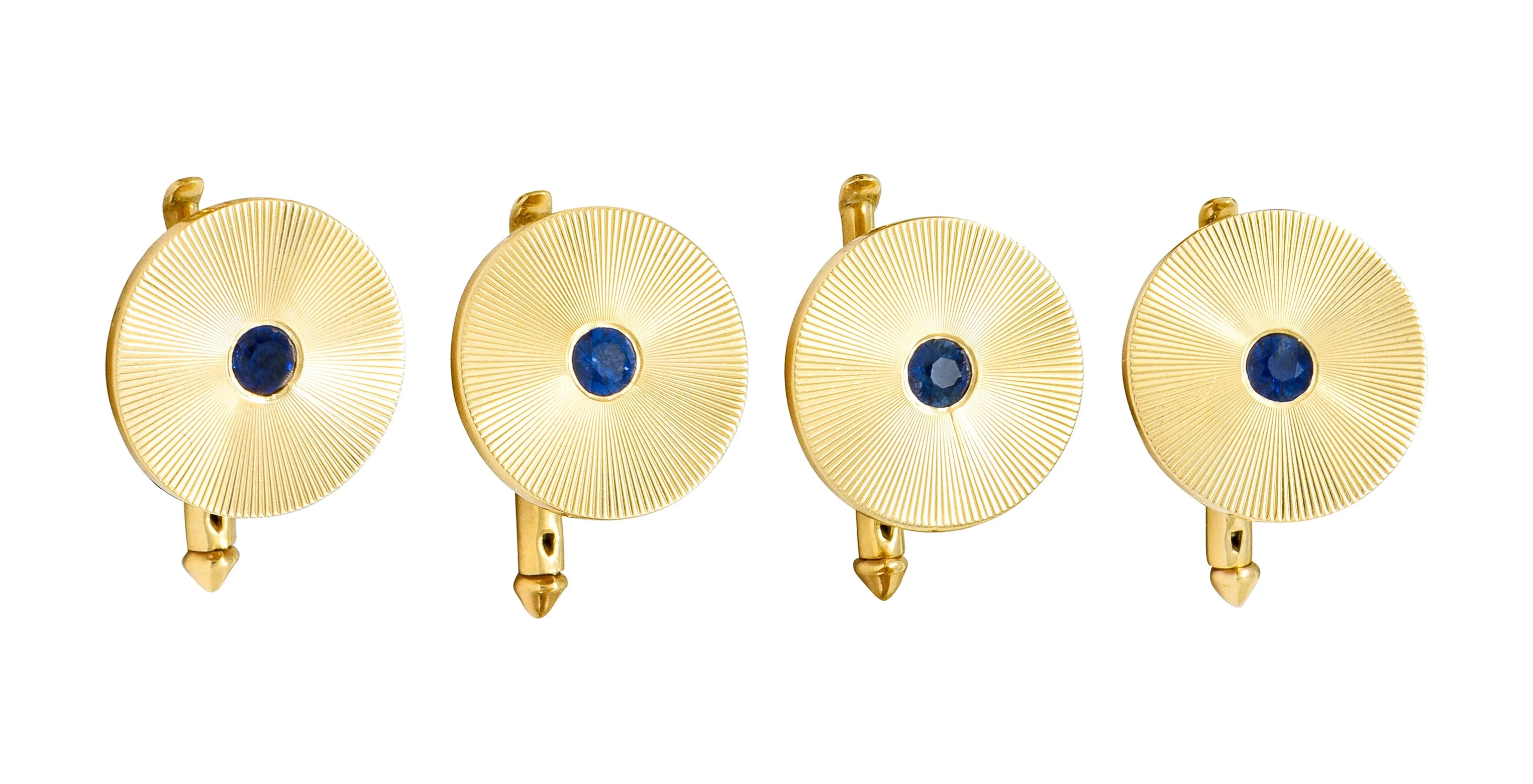 Tiffany & Co. Sapphire 14 Karat Gold Retro Men's Radiating Disk Cufflink Dress Set