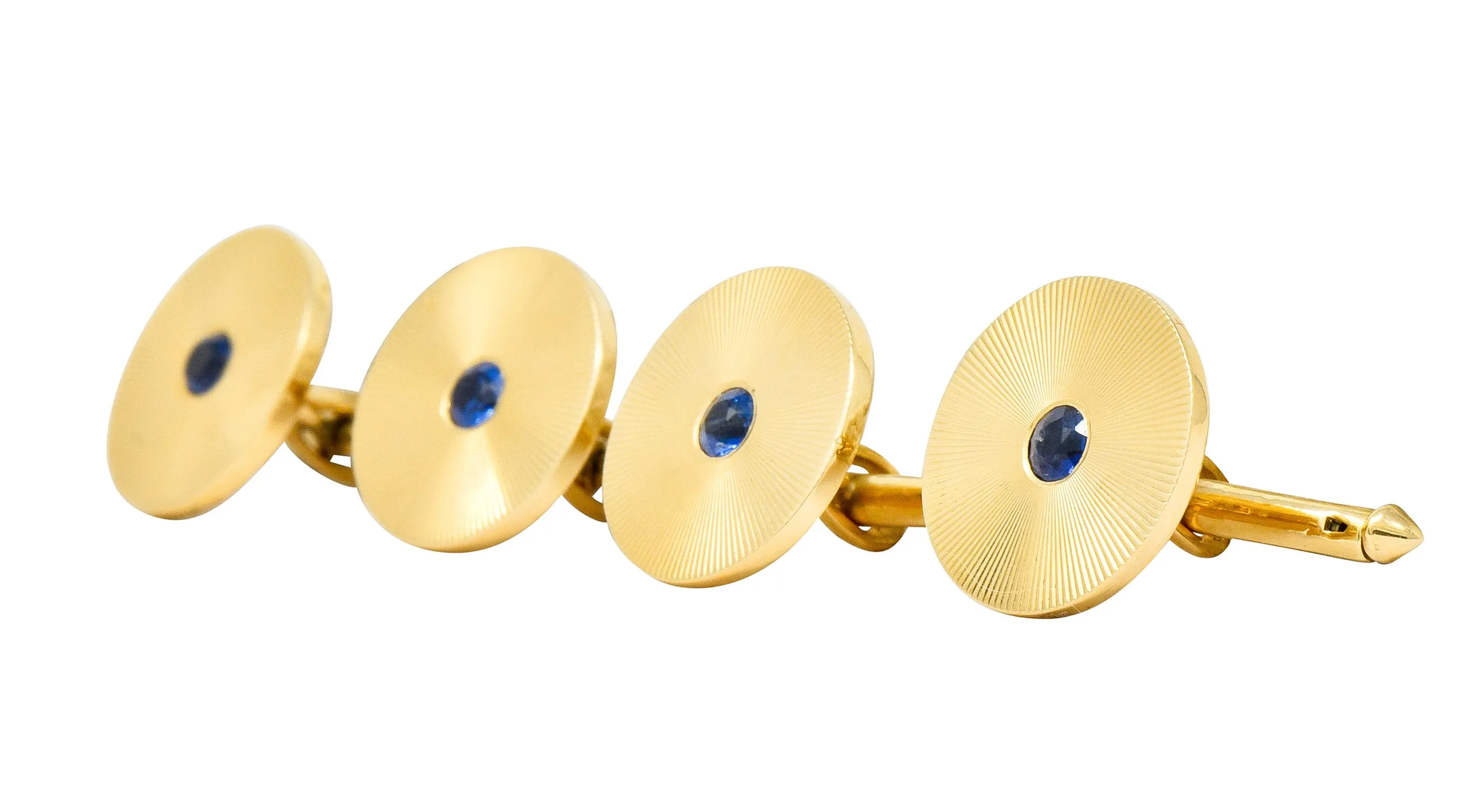 Tiffany & Co. Sapphire 14 Karat Gold Retro Men's Radiating Disk Cufflink Dress Set