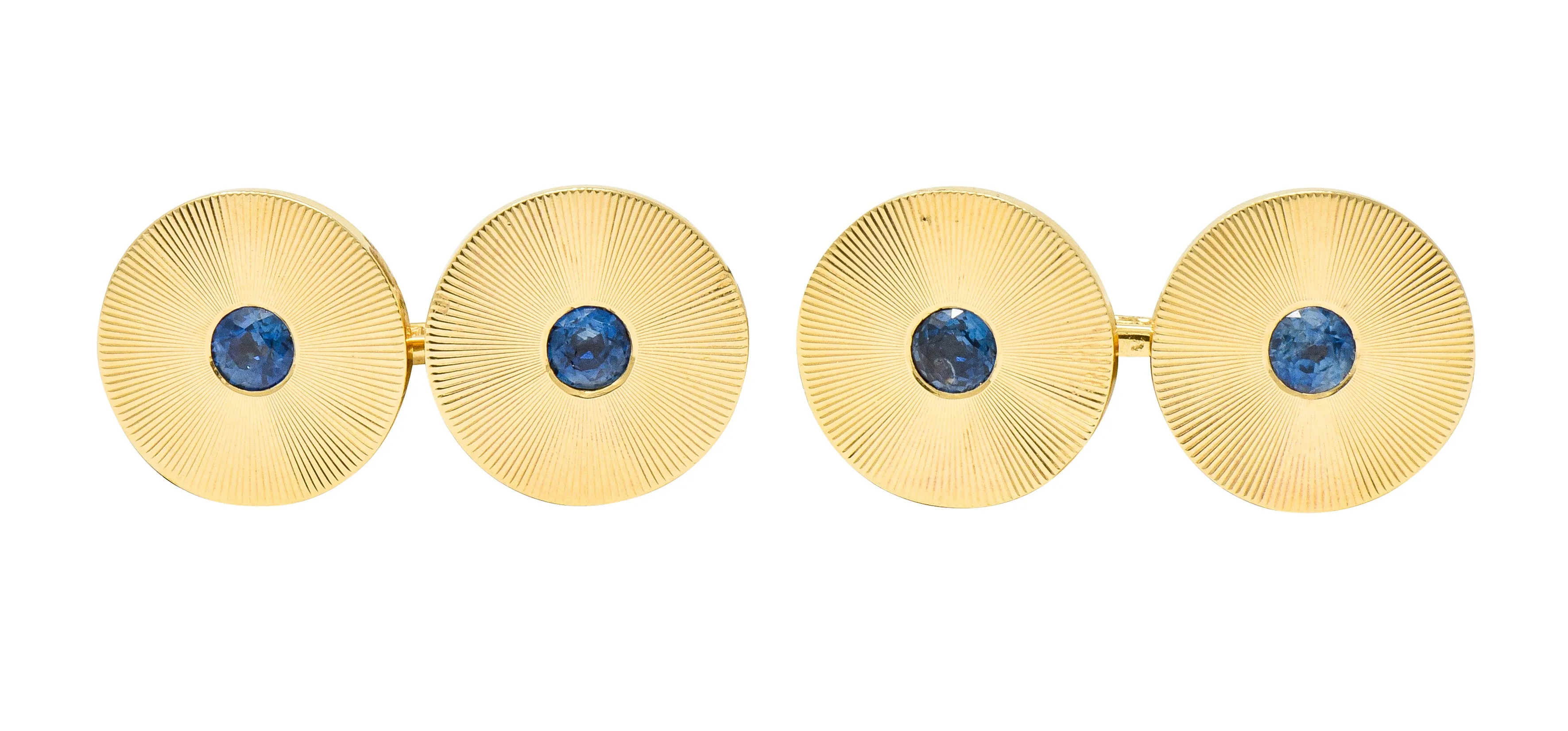 Tiffany & Co. Sapphire 14 Karat Gold Retro Men's Radiating Disk Cufflink Dress Set