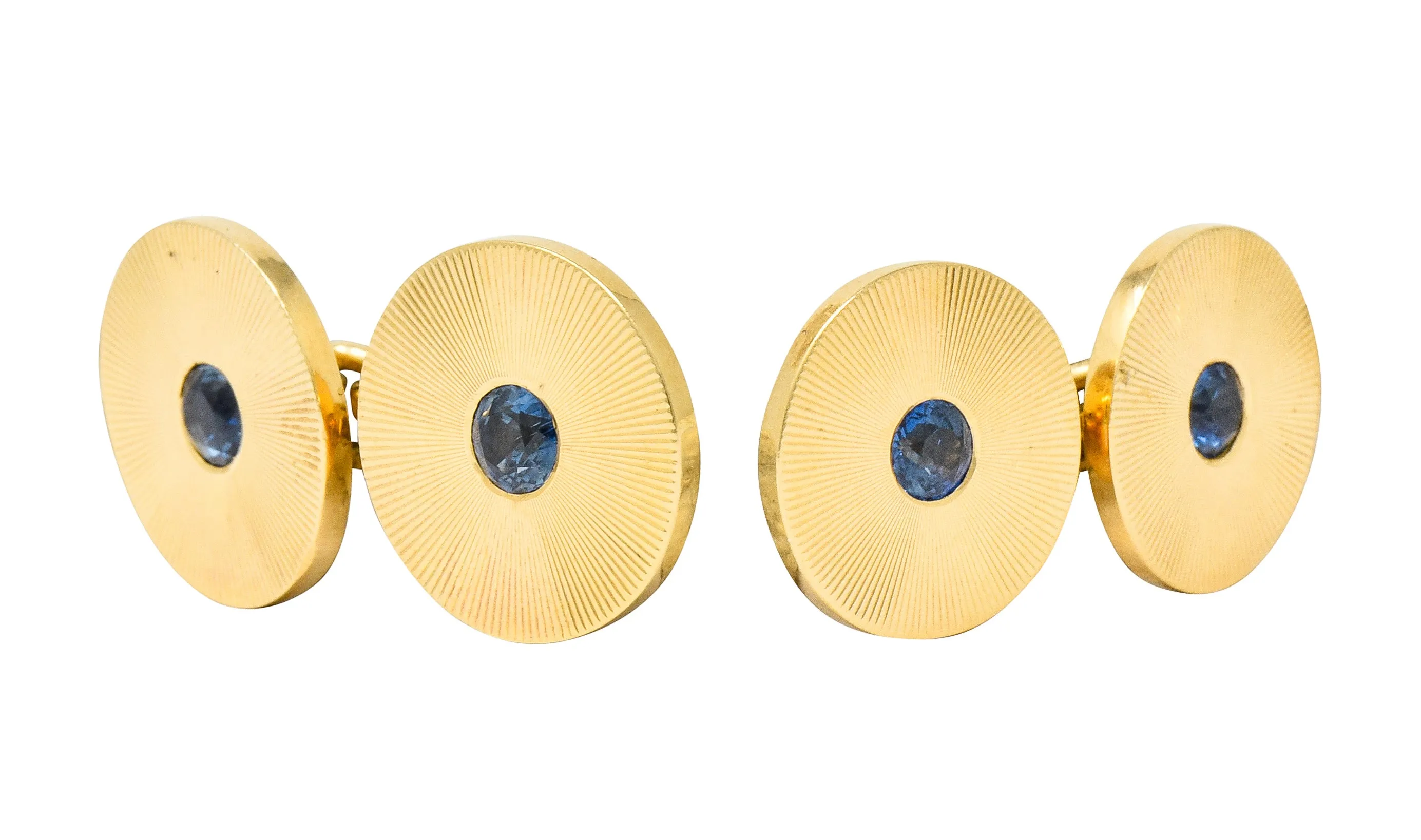 Tiffany & Co. Sapphire 14 Karat Gold Retro Men's Radiating Disk Cufflink Dress Set