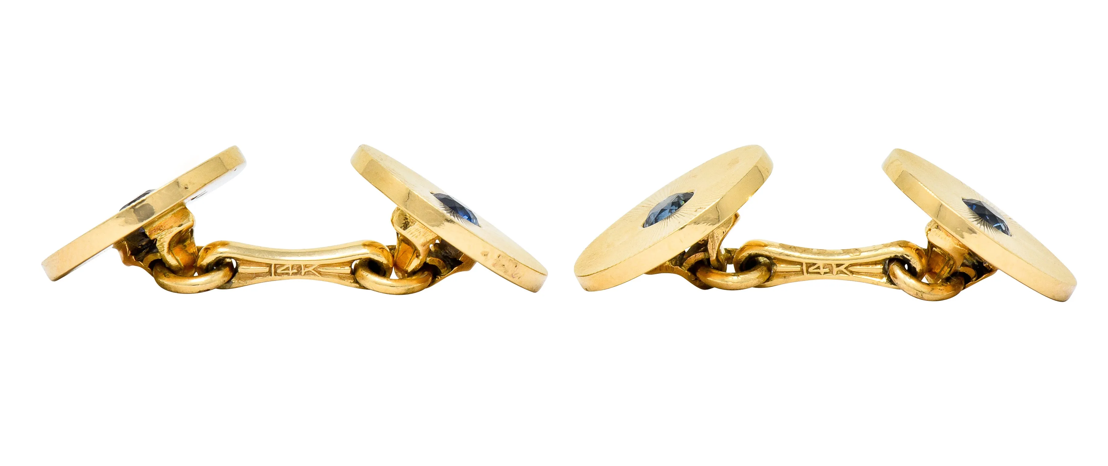 Tiffany & Co. Sapphire 14 Karat Gold Retro Men's Radiating Disk Cufflink Dress Set